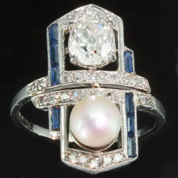 Art Deco pearl diamond engagement ring sapphire from the antique jewelry collection of www.adin.be